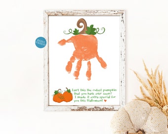 Arte de huellas de manos de Halloween, manualidad de calabaza con huellas de manos para niños, actividades preescolares, recuerdo de huellas de manos, manualidad para niños, imprimible para jardín de infantes