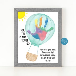 Oh the places you'll go Handprint Craft for Kids, Dr Seuss crafts for school, Balloon Handprint art, Elementary classroom printable