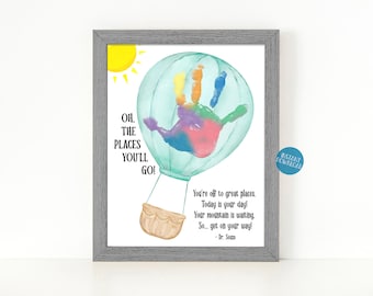 Oh the places you'll go Handprint Craft for Kids, Dr Seuss crafts for school, Balloon Handprint art, Elementary classroom printable