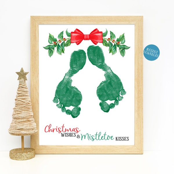 Mistletoe kisses and Christmas wishes, Toddler Footprint Art, Christmas Kids art, Mistletoes Printable, Handprint Art, DIY Kid Craft