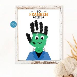 Handafdruk kunst Frankenstein, Halloween Craft voor kinderen, handafdruk Keepsake Card, So Franken Cute Halloween handafdrukkunst, DIY Kid Craft Kit