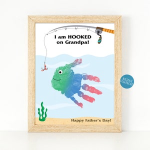 Hooked on Grandpa, Toddler Handprint Art, Baby Handprint Craft, Fathers Day Fishing Gift, DIY Kid Crafts, Father&#39;s Day Grandpa Gift