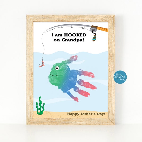 Hooked on Grandpa, Toddler Handprint Art, Baby Handprint Craft, Fathers Day Fishing Gift, DIY Kid Crafts, Father's Day Grandpa Gift