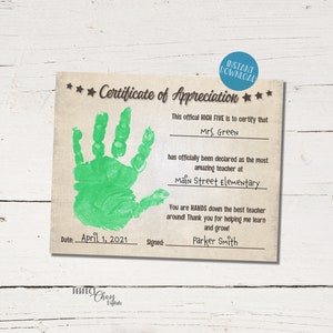 Impression de remerciements pour le professeur, certificat de récompense « High Five », cadeau de fin d'année pour le professeur, empreinte de main artistique, travaux manuels pour enfants, idée cadeau pour professeur