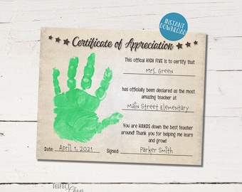 Teacher Appreciation Printable, High Five Award Certificate, Year End Teacher Gift, Handprint Art, DIY Kid Craft, Teacher Gift Idea