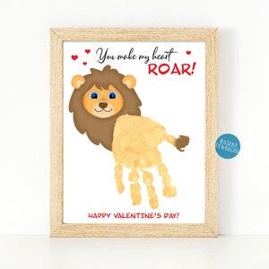 Valentine&#39;s Day Handprint craft project for toddlers, Baby Handprint Keepsake, Valentines Day DIY kid craft, Lion Handprint, Heart Roar