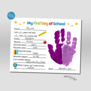 Back to School Handprint Art, All About Me Questionnaire, First Day of School Interview, Printable First Day of School Keepsake craft