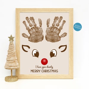 Arte con huellas de manos para Navidad, manualidad de renos para niños, tarjeta navideña imprimible, manualidades para niños, manos de bebés y niños pequeños, manualidad con huellas de manos para Navidad