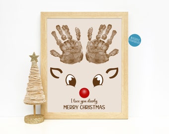 Christmas Handprint Art, Reindeer Craft for Kids, Printable Christmas Card, DIY Kid Crafts, Baby Toddler Hands, Xmas Handprint Craft