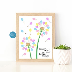 Arte de huella dactilar de diente de león para el Día de la Madre, regalo para mamá, regalo para mamá de parte de los niños, manualidad de huellas dactilares para niños, tarjeta de cumpleaños imprimible para mamá