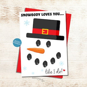 Carte de Noël pour enfants, artisanat d'empreintes de bonhomme de neige pour les tout-petits, activité de Noël à imprimer, art d'empreintes digitales bricolage de Noël, Snowbody vous aime