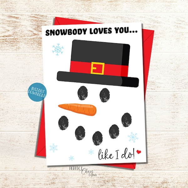 Christmas Card from Kids, Snowman Thumbprint Craft for Toddlers, Printable Christmas Activity, Xmas DIY Fingerprint Art, Snowbody loves you