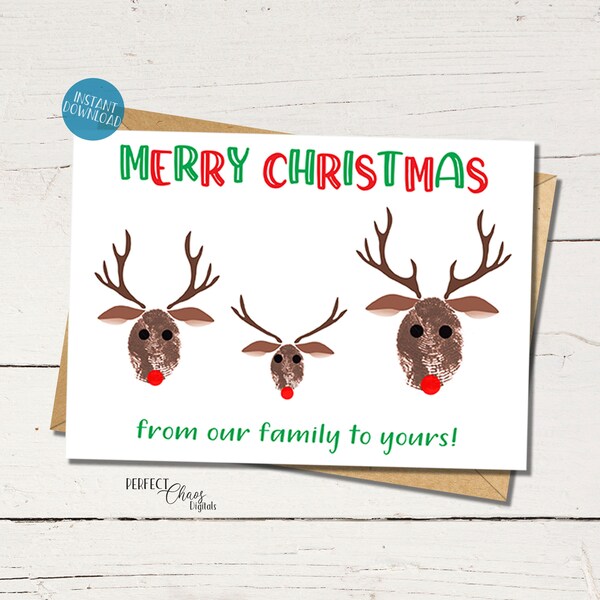 Druckbare Weihnachtskarte für Kinder, Fingerabdruck Handwerk für Kinder, Personalisierte Weihnachtskarte für die Familie, DIY Weihnachtskarten, Fingerabdruck Handwerk