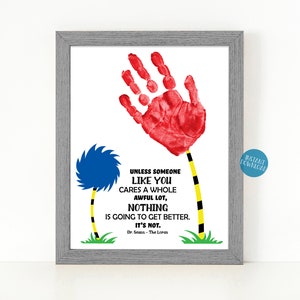 Dr Seuss Handprint Art for Kids, Truffula tree handprint crafts for school, Elementary classroom printable, Dr Seuss birthday keepsake