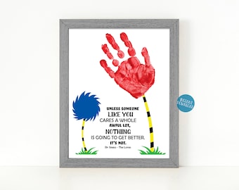 Dr Seuss Handprint Art for Kids, Truffula tree handprint crafts for school, Elementary classroom printable, Dr Seuss birthday keepsake