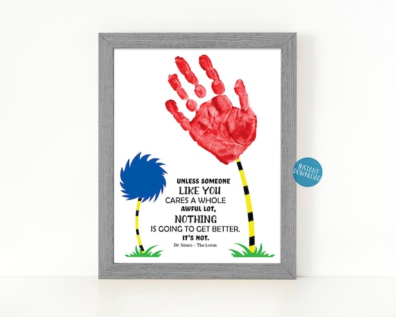 Dr Seuss Handprint Art for Kids, Truffula tree handprint crafts for school, Elementary classroom printable, Dr Seuss birthday keepsake
