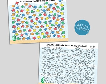 May include: A printable worksheet with a 100th day of school theme. The worksheet features a colorful fish-themed "I Spy" game with a black and white version for coloring. The text "It's o-FISH-ally the 100th day of school!" is included on both worksheets.