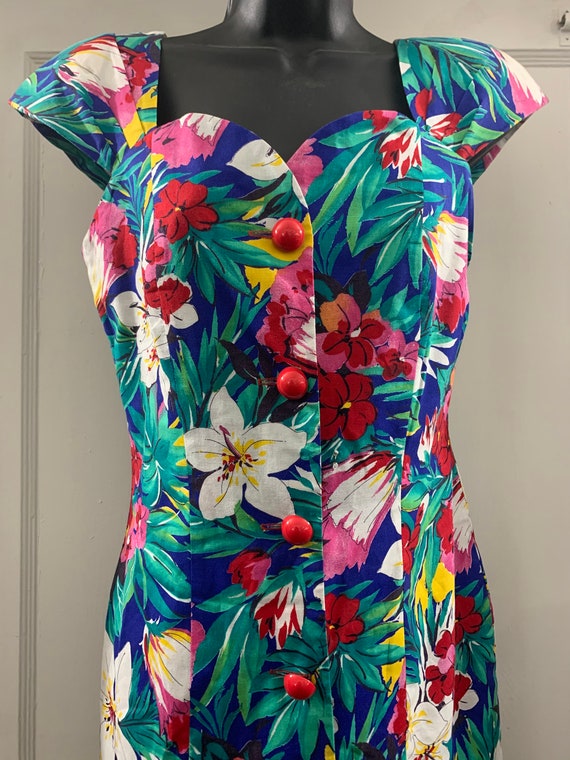 Leslie Lucks Floral 80’s Vintage Cotton Dress Sz S