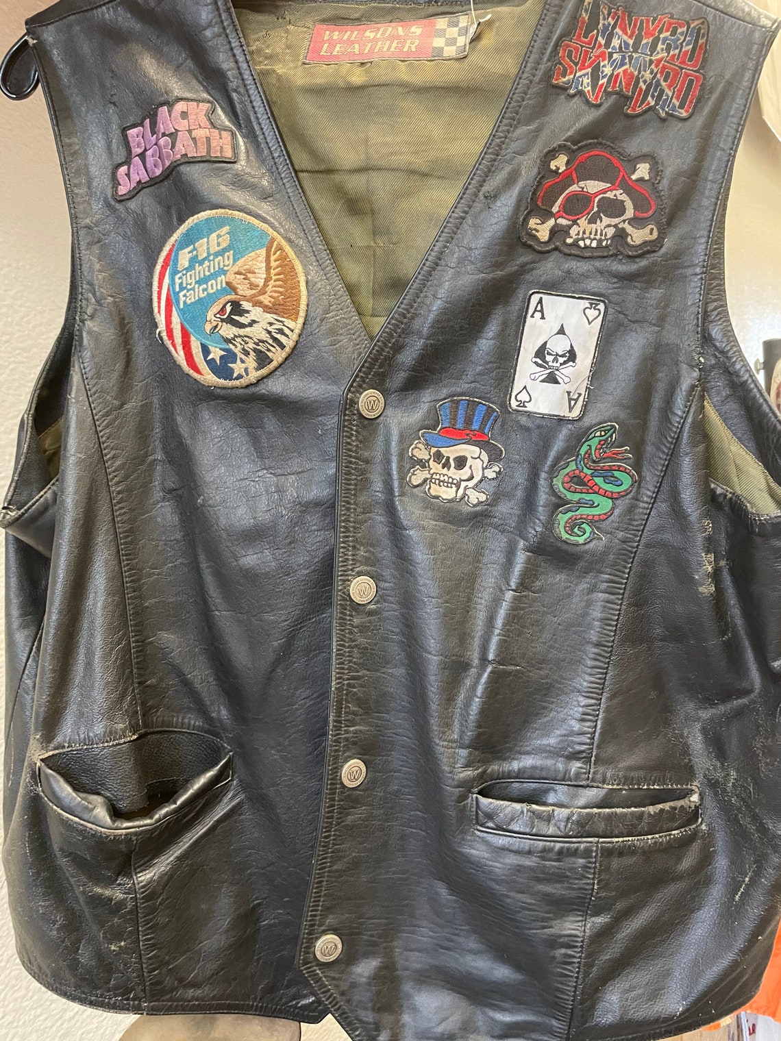 Vintage 80s Leather Rocker Vest W/ Various Rock Band Patches Etsy