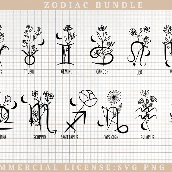 Zodiac svg Bundle - Signe du zodiaque Svg - Astrologie SVG - Fleur de naissance Svg Png Clipart - Bélier Gémeaux Scorpion Verseau Vierge Lion Cancer Svg