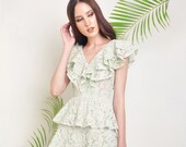 Layered Lace Dress in Green Mint, V-neckline Casual Dress, Mini Cocktail Dress, Summer Dress, Custom Dresses