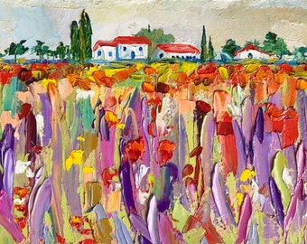 Tuscany Painting Original Oil Artwork Tuscany Landscape Art Lavender Field Painting Impasto Loose Style Artwork 5” x 7” inches by RanoJonArt