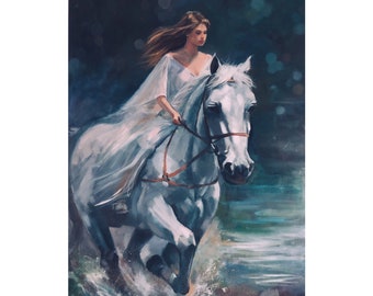 Pintura de caballo blanco Pintura al óleo original Chica pintura caballo pared arte paisaje arte chica montando obras de arte pintura de caballos 24 por 28" pulgadas