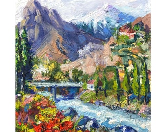 Mountain Painting Original Oil Artwork Rocky Mountain Colorful Painting Small Landscape Mountain River Wall Art 4 by 4” inches by RanoJonArt