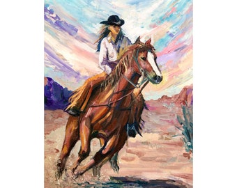 Cowboy Painting Original Artwork Girl Rider Painting Texas Art Horse Artwork Cow Girl Rider Painting 5 by 7” inches by RanoJonArt