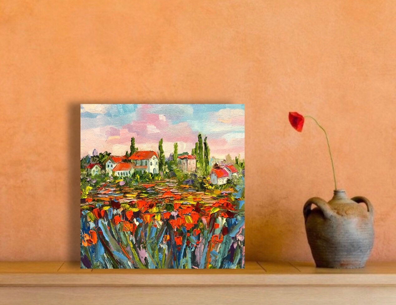 Tuscany Artwork Original Oil Painting Tuscany Landscape Art Poppy Field ...