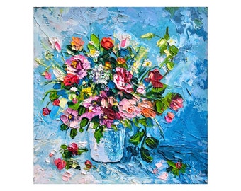 Flowers Painting Original Oil Painting Floral Wall Art Small Artwork Impasto Paining Still Life Art 4’ by 4” Inches by RanoJonArt