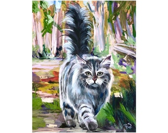 Cat Painting Original Oil Artwork Pets Custom Portrait Animal Painting Gray Cat Artwork Landscape Painting 8 by 10 ‘’ inches by RanoJonArt