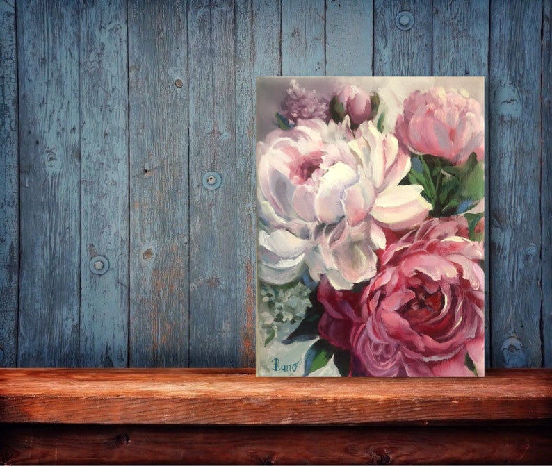 Peony Painting Original Oil Artwork Flowers Wall Art Floral Painting Peonies Wall Art 7 by 9.5 Inches by RanoJonArt zdjęcie 2