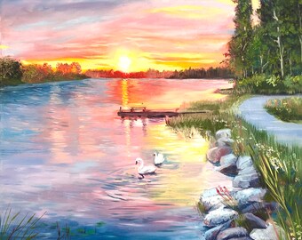 River Painting Original Oil Artwork Swans Painting Sunset Landscape Wall Art White Swans Artwork 20 by 28” inches by RanoJonArt