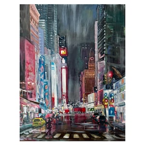 New York Painting Cityscape Original Art Cyberpunk Impasto Oil Painting Urban Large Canvas Art 29.5“ Rainy Night City Art NYC by RanoJonArt
