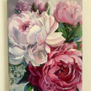 Peony Painting Original Oil Artwork Flowers Wall Art Floral Painting Peonies Wall Art 7 by 9.5 Inches by RanoJonArt zdjęcie 8