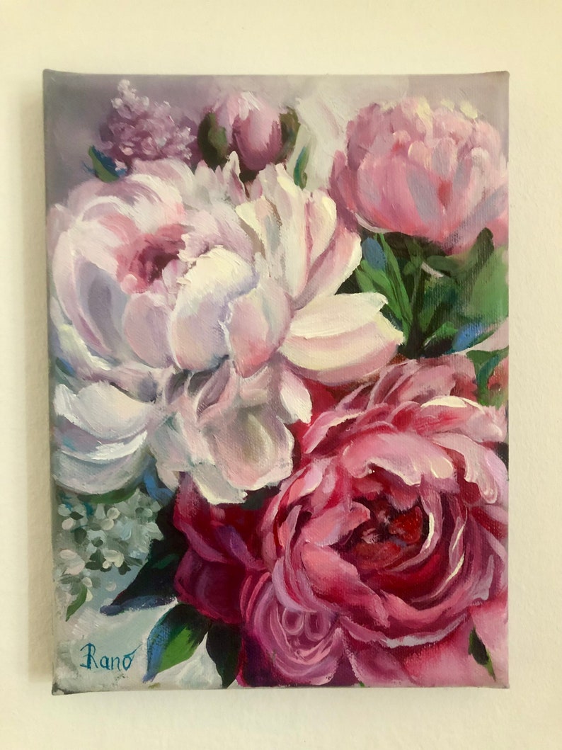 Peony Painting Original Oil Artwork Flowers Wall Art Floral Painting Peonies Wall Art 7 by 9.5 Inches by RanoJonArt zdjęcie 8