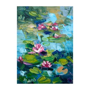 Monet Style Artwork Original Painting Monet Wall Art Water Lily Painting Impasto Small Artwork  Floral Painting 5 by 7” inches by RanoJonArt