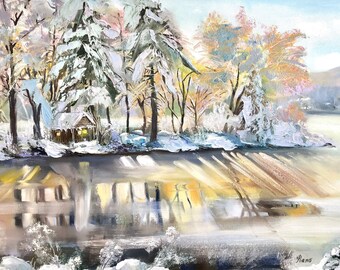 Winter Artwork Landscape Painting Original Art Landscape Artwork Winter Wall Art Snow painting 18”by 25” inches by RanoJonArt