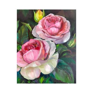 ピンクのバラの絵画 オリジナル油絵 バラの壁アート 花の絵画 フラワーアート 11.8 x 9.5 インチ RanoJonArt 作