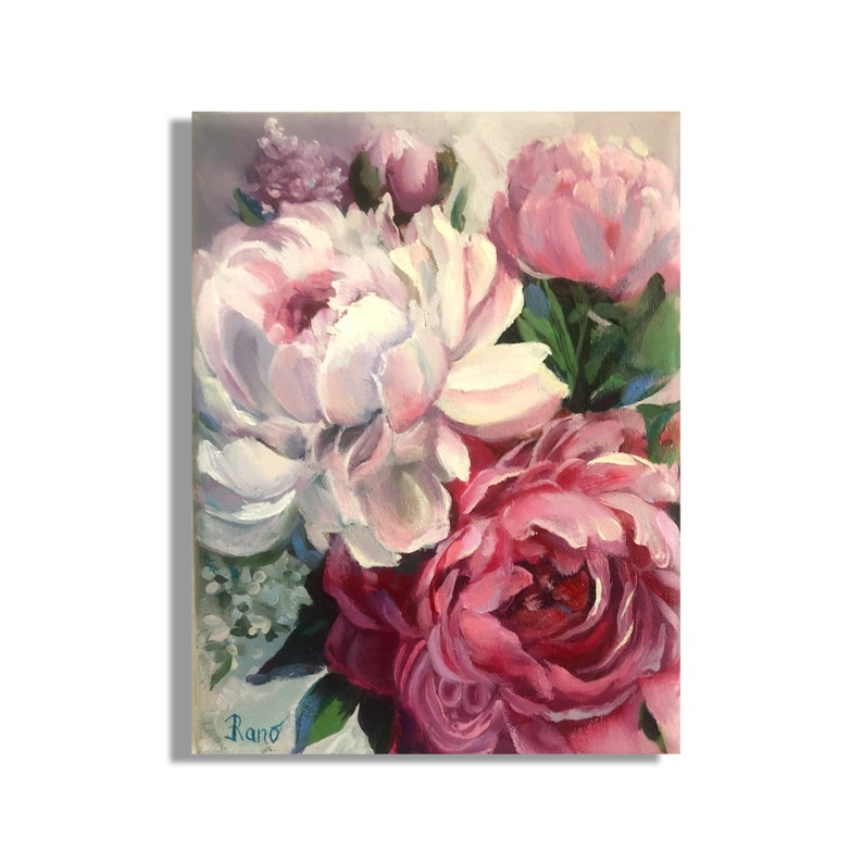 Peinture de pivoine Peinture à lhuile originale Fleurs Art mural Peinture florale Pivoines Art mural 7 par 9,5 pouces par RanoJonArt image 1