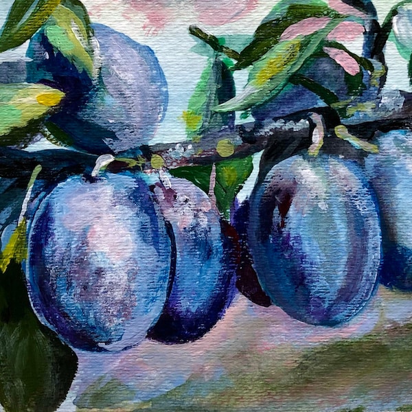 Plum Painting Original Artwork Fruits Wall Art Original  Plum Acrylic Watercolor Artwork Kitchen Wall Art 5” by 7” inches by RanoJonArt