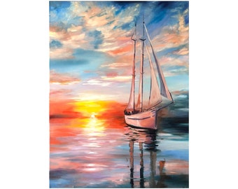 Sailboat Painting Original Oil Painting Seascape Artwork Sunrise Wall Art Seascape Painting 20 by 28“ inches by RanoArt