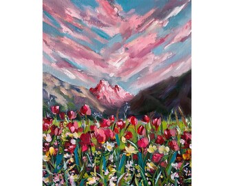 Tulips Field Painting Original Oil Artwork Meadows Painting Red Tulips Field Painting Mountain Cloudscape Sky 8 by 10” inches by RanoJonArt