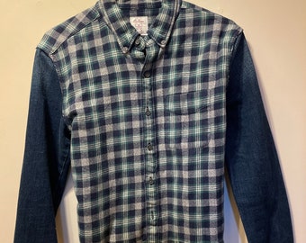 Flannel upcycled top with denim sleeves