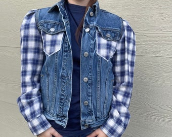 Upcycled plaid denim jacket