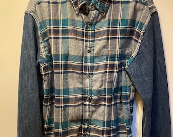 Flannel upcycled top with denim sleeves