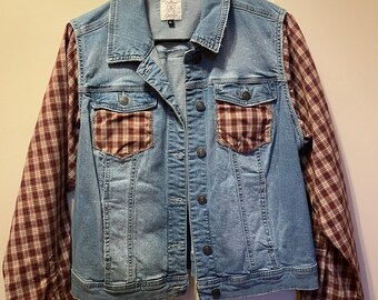 Upcycled denim jacket with flannel sleeves