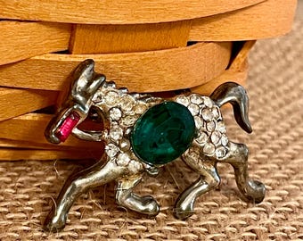 Vintage 1940s Rhinestone Horse Pin Brooch - White, Red & Green Crystals