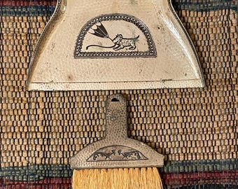 Vintage "silent butler" or crumb sweeper, used for collecting crumbs from tables - Scotty dog and roosters
